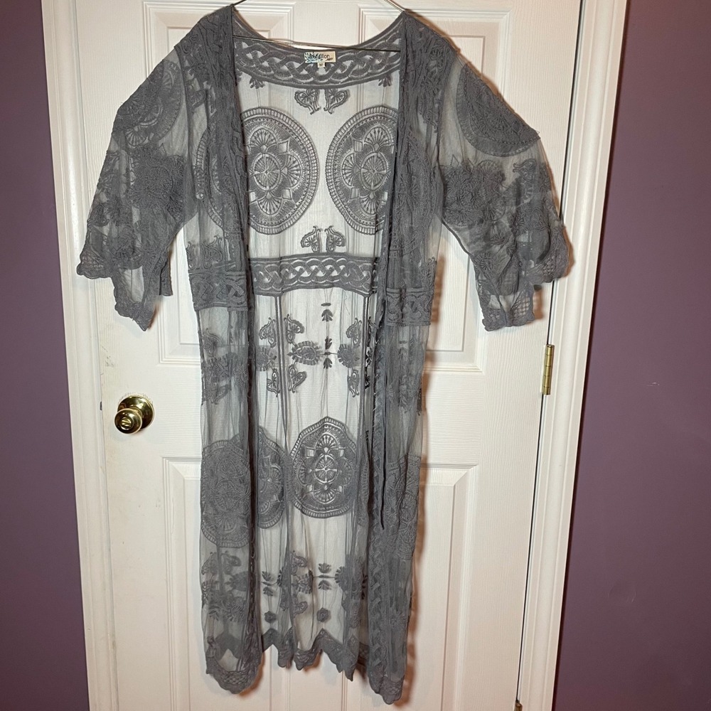 Gray Lace Kimono Medium Rebellion Again Boho‎ Bohemian Coverup